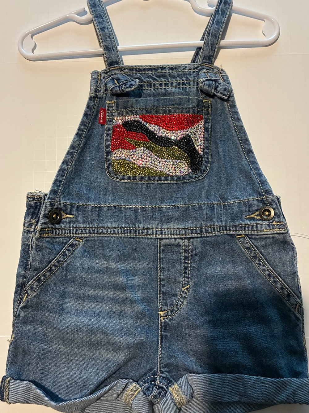 Levi's Blue Denim Short Overalls with Multicolor Beaded Pocket